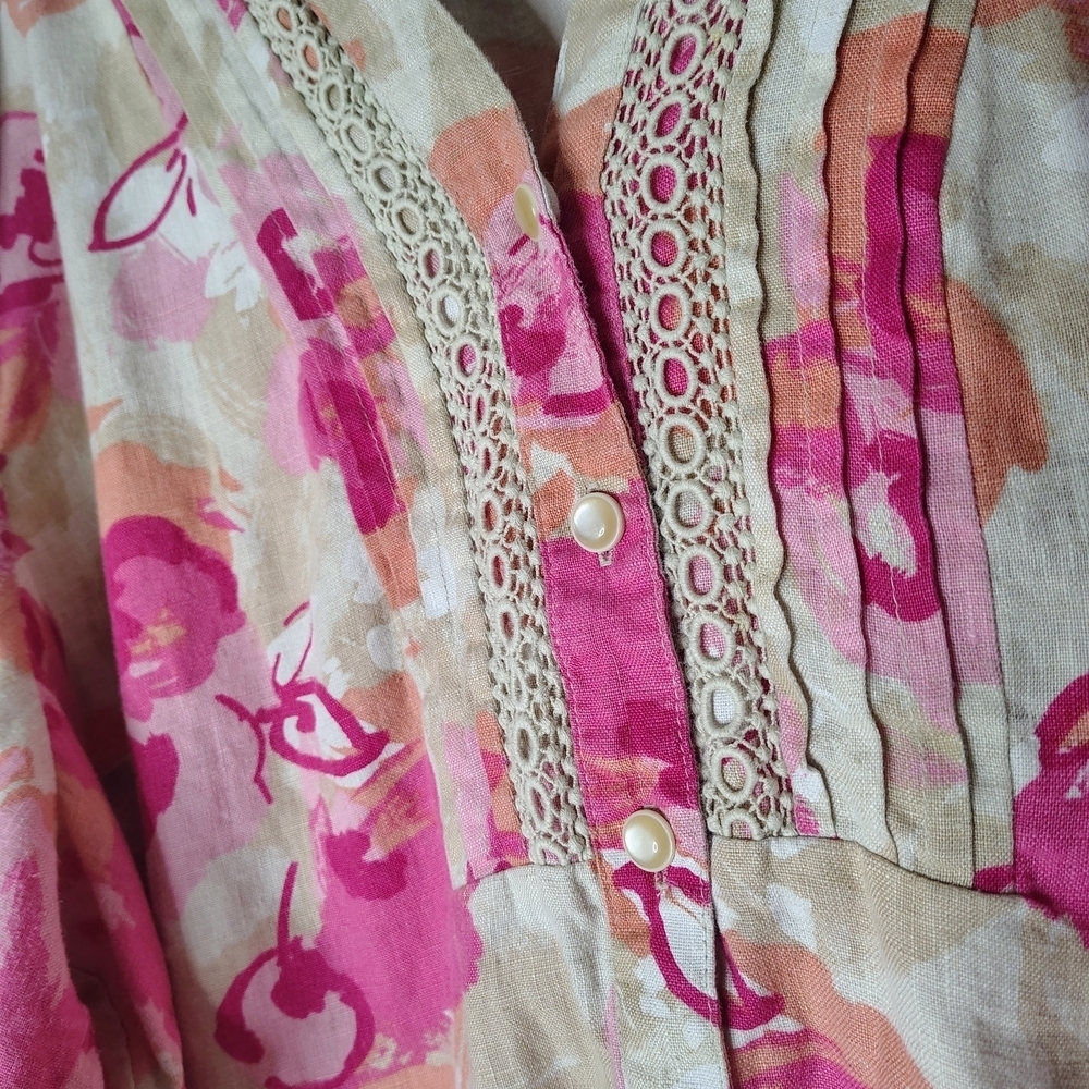 JM Collection Woman 100% Linen Floral Blouse Pink Orange Plus Size 24W Boho Top - Picture 9 of 16